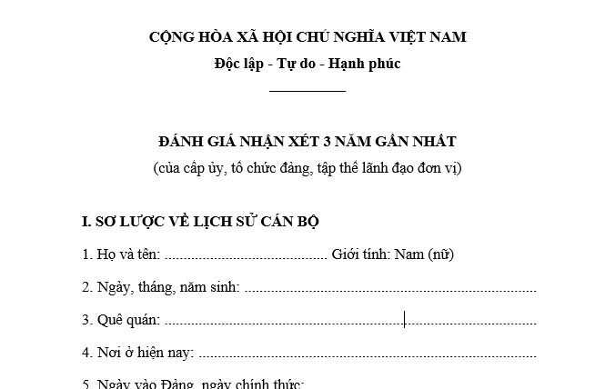 Mẫu bản đánh giá nhận xét 3 năm gần nhất của cấp ủy, tổ chức đảng, tập thể lãnh đạo mới nhất? Tải về?
