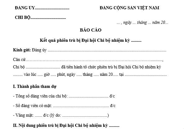Mẫu báo cáo kết quả phiên trù bị Đại hội chi bộ mới nhất? Tải về báo cáo kết quả phiên trù bị Đại hội?