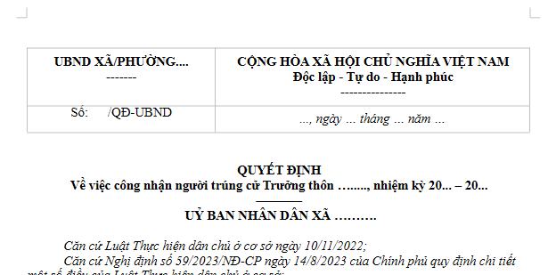 Mẫu Quyết định công nhận người trúng cử Trưởng thôn, Tổ trưởng tổ dân phố năm 2026? Tải về ở đâu?