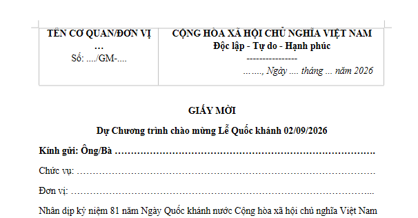 Mẫu Giấy mời dự chương trình chào mừng Quốc khánh 2/9/2026? Tải về giấy mời chương trình Quốc khánh 2/9?