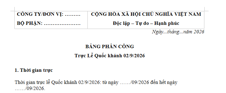 Mẫu Bảng phân công trực lễ Quốc Khánh 2/9/2026 là mẫu nào? Tải về bảng phân công trực lễ 2/9?