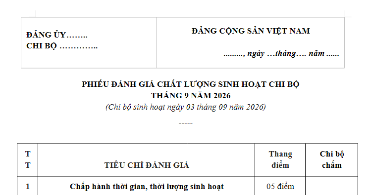 Mẫu Phiếu đánh giá sinh hoạt chi bộ tháng 9/2026 là mẫu nào? Tải mẫu đánh giá sinh hoạt chi bộ tháng 9 năm ở đâu?