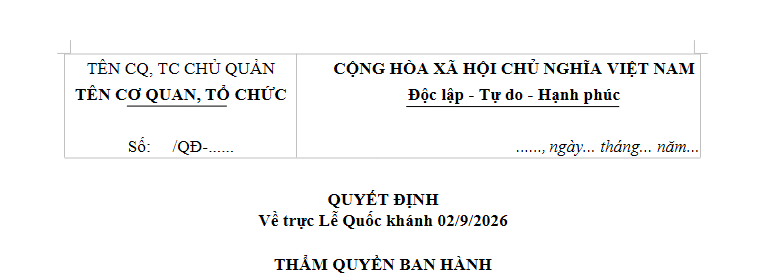 Mẫu Quyết định phân công trực lễ Quốc Khánh 2/9/2026 là mẫu nào? Tải về quyết định phân công trực lễ 2/9 ở đâu?