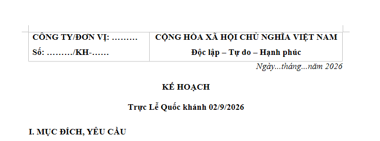 Mẫu Kế hoạch trực lễ Quốc Khánh 2/9/2026 là mẫu nào? Tải về kế hoạch trực lễ 2/9/2026 ở đâu?