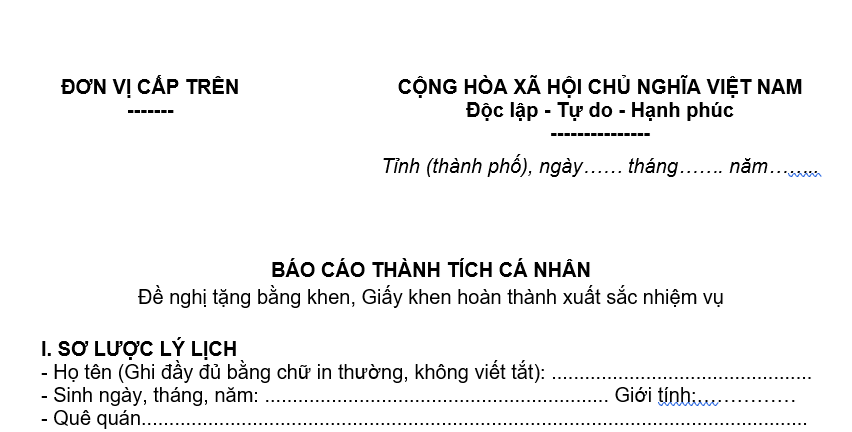 Mẫu báo cáo thành tích cá nhân của Đảng viên mới nhất là mẫu nào?