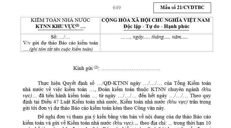 Mẫu Công văn về việc gửi dự thảo Báo cáo kiểm toán