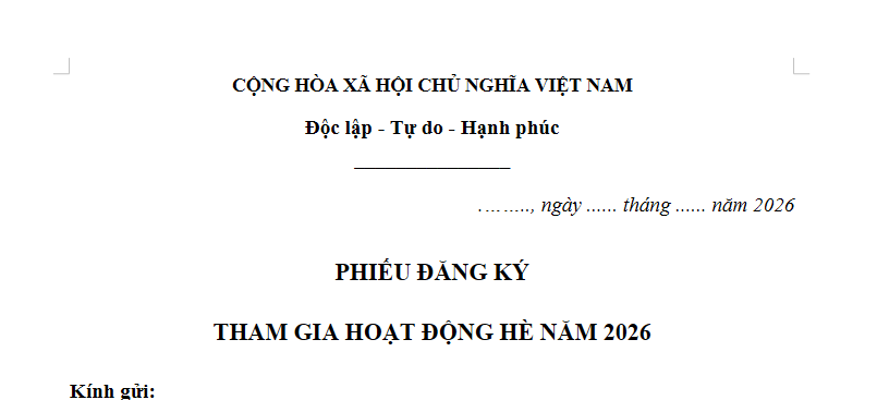 Mẫu Phiếu đăng ký tham gia hoạt động hè cho học sinh 2026? Tải về phiếu đăng ký hoạt động hè 2026?