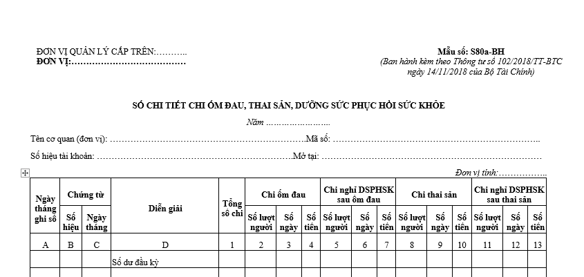 Mẫu số chi tiết chi ốm đau, dưỡng sức phục hồi sức khỏe?