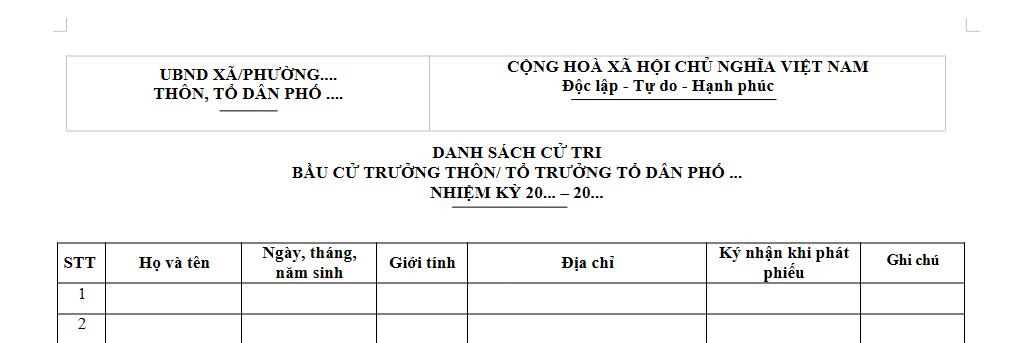 Mẫu Danh sách cử tri bầu cử Trưởng thôn, Tổ trưởng tổ dân phố năm 2026? Tải về danh sách cử tri bầu Trưởng thôn?
