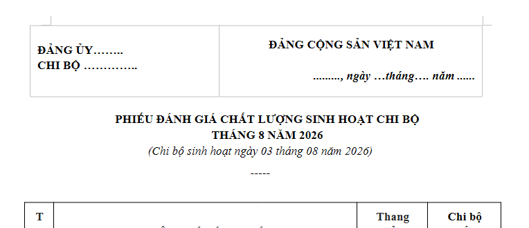 Mẫu Phiếu đánh giá sinh hoạt chi bộ tháng 8 năm 2026? Tải mẫu đánh giá sinh hoạt chi bộ tháng 8/2026?