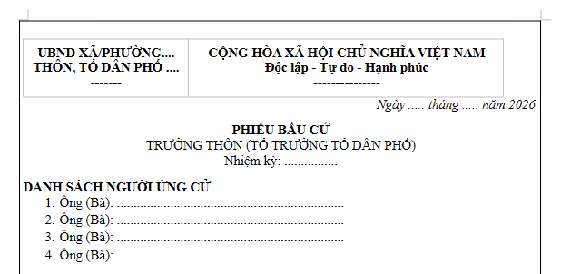 Mẫu Phiếu bầu cử Trưởng thôn, Tổ trưởng tổ dân phố 2026 mới nhất? Tải về phiếu bầu cử Trưởng thôn 2026?
