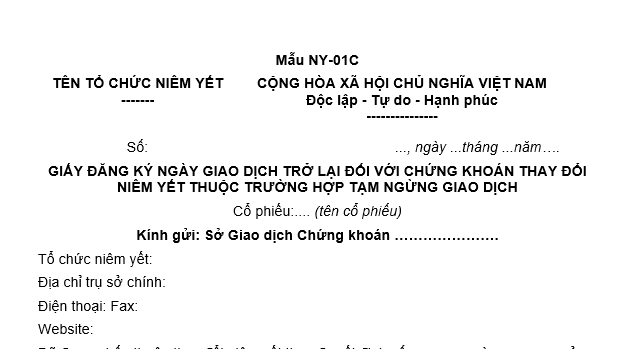 Mẫu giấy đăng ký ngày giao dịch trở lại đối với chứng khoán thay đổi niêm yết thuộc trường hợp tạm ngừng giao dịch?