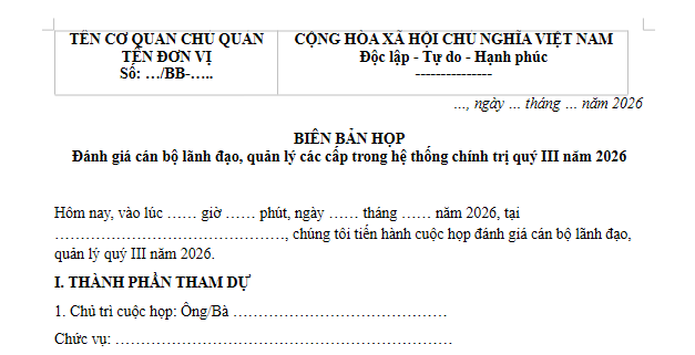 Mẫu Biên bản đánh giá cán bộ lãnh đạo quản lý các cấp trong hệ thống chính trị quý 3 năm 2026 là mẫu nào?