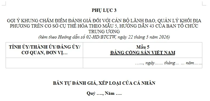 Mẫu Bản tự đánh giá Quý 3 năm 2026 của Cán bộ lãnh đạo, quản lý các cấp trong hệ thống chính trị là mẫu nào?