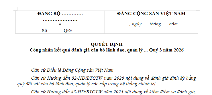Mẫu Quyết định công nhận kết quả đánh giá Quý 3 Cán bộ lãnh đạo quản lý là mẫu nào? Tải về?