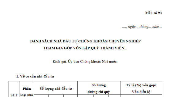 Mẫu Danh sách nhà đầu tư chứng khoán chuyên nghiệp tham gia góp vốn lập quỹ thành viên mới nhất?