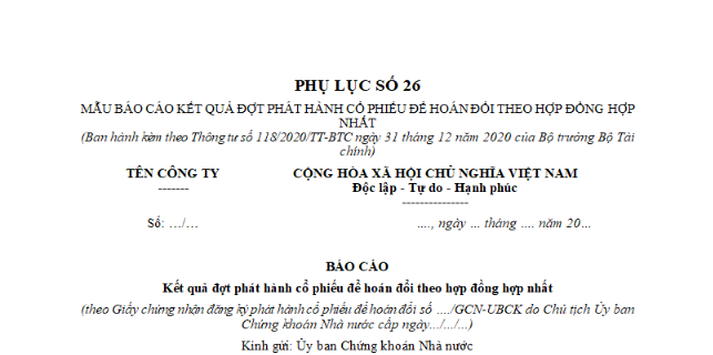 Mẫu báo cáo kết quả đợt phát hành cổ phiếu để hoán đổi theo hợp đồng hợp nhất là mẫu nào? Tải về ở đâu?