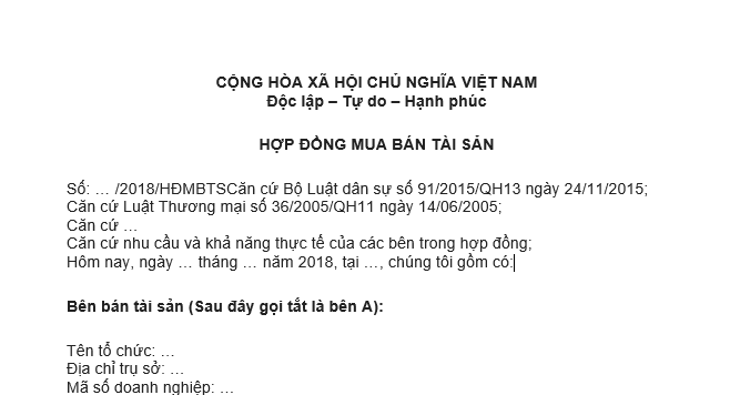 Mẫu hợp đồng mua bán tài sản mới nhất là mẫu nào?