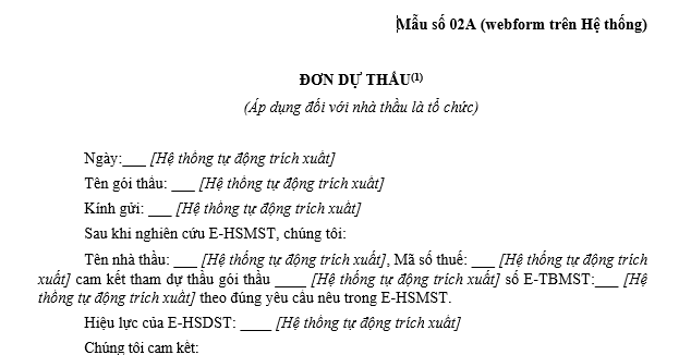 Mẫu đơn dự thầu trong hồ sơ mời sơ tuyển mua sắm hàng hóa qua mạng