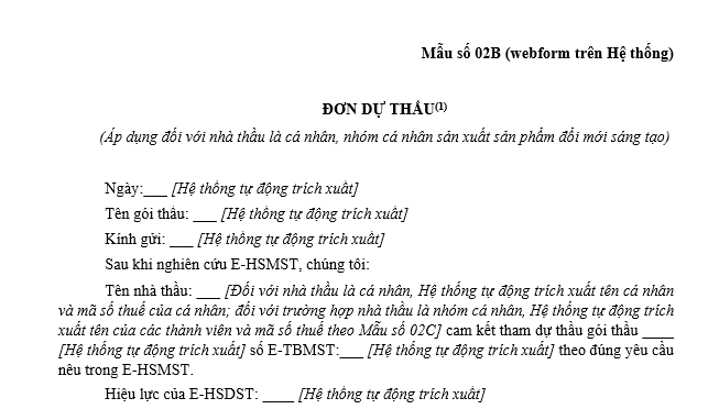 Mẫu đơn dự thầu trong hồ sơ mời sơ tuyển mua sắm hàng hóa qua mạng