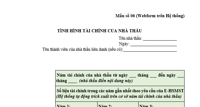 Mẫu kê khai tình hình tài chính của nhà thầu trong hồ sơ mời sơ tuyển dịch vụ phi tư vấn qua mạng mới nhất là mẫu nào?