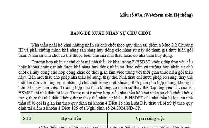 Mẫu bảng đề xuất nhân sự chủ chốt trong trong hồ sơ mời sơ tuyển dịch vụ phi tư vấn qua mạng mới nhất?