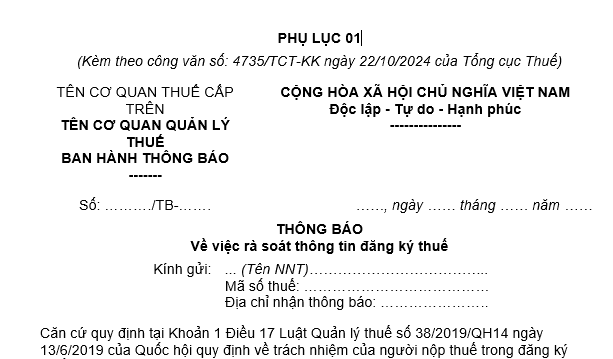 Mẫu thông báo về việc rà soát thông tin đăng ký thuế theo Công văn 4735? Tải mẫu thông báo về ở đâu?