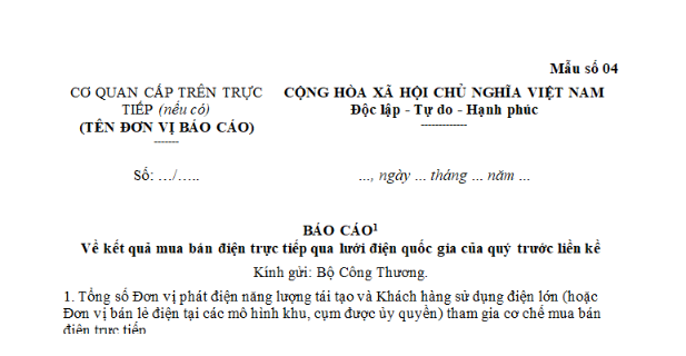 Mẫu Báo cáo về tình hình triển khai, kết quả thực hiện cơ chế mua bán điện trực tiếp qua lưới điện quốc gia trên phạm vi toàn quốc của quý trước liền kề