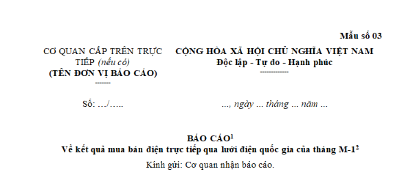 Mẫu Báo cáo kết quả mua bán điện trực tiếp qua lưới điện quốc gia tháng M-1 