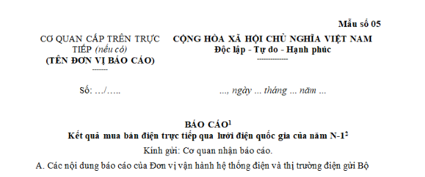 Mẫu Báo cáo kết quả thực hiện mua bán điện trực tiếp qua lưới điện quốc gia của năm N-1