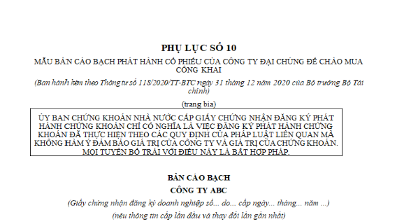 Mẫu Bản cáo bạch phát hành cổ phiếu của công ty đại chúng để chào mua công khai là mẫu? Tải về ở đâu?