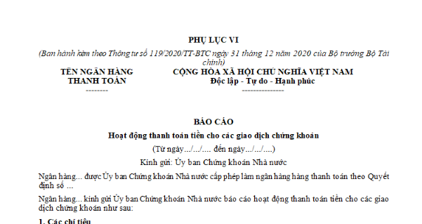 Mẫu báo cáo hoạt động thanh toán tiền cho các giao dịch chứng khoán mới nhất là mẫu nào? Tải về ở đâu?