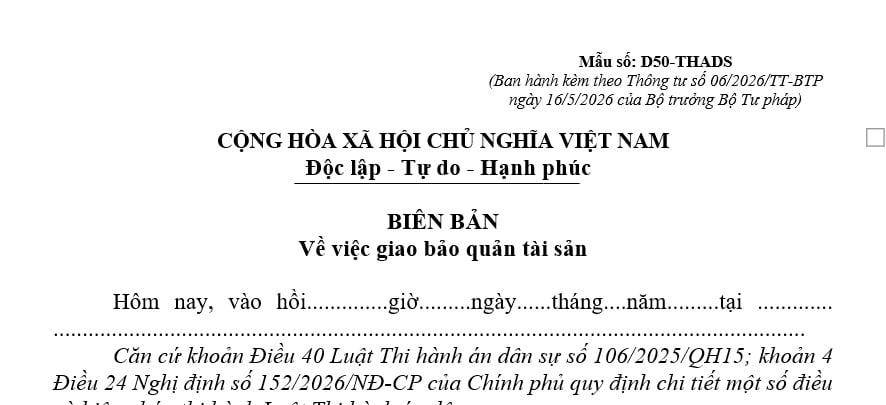 Mẫu Biên bản về việc giao bảo quản tài sản thi hành án dân sự theo Thông tư 06 là mẫu nào? Tải về?