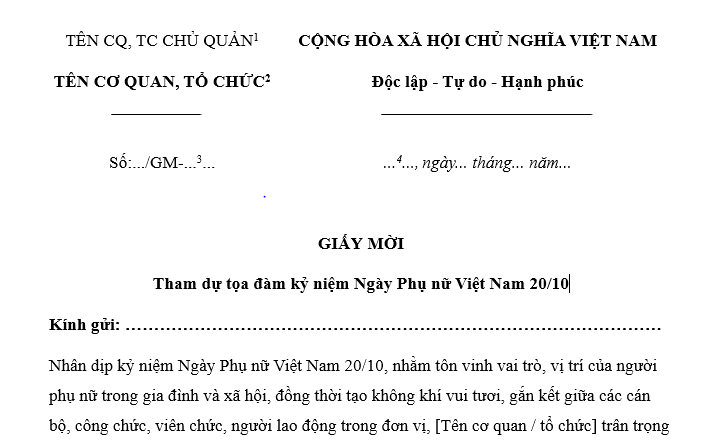 Mẫu Giấy mời tham dự tọa đàm 20/10 ngày Phụ nữ Việt Nam mới nhất? Tải về? Ngày 20/10 có phải ngày lễ lơn không?