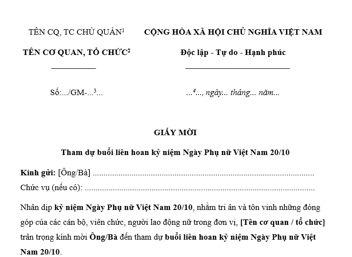 Mẫu giấy mời liên hoan 20/10? Thư mời liên hoan ngày Phụ nữ Việt Nam 20/10 mới nhất? Tải về ở đâu?