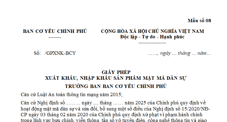 Giấy phép xuất khẩu, nhập khẩu sản phẩm mật mã dân sự