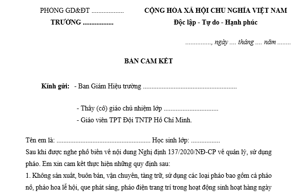 Mẫu bản cam kết không sử dụng pháo nổ của học sinh dịp Tết mới nhất? Cách viết cam kết không sử dụng pháo nổ của học sinh?