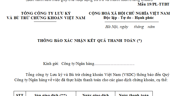 Mẫu Thông báo xác nhận kết quả thanh toán giao dịch chứng khoán theo Quyết định 48 là mẫu nào? Tải về