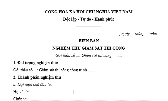 Mẫu biên bản nghiệm thu giám sát thi công công trình xây dựng mới nhất là mẫu nào? Tải về ở đâu?