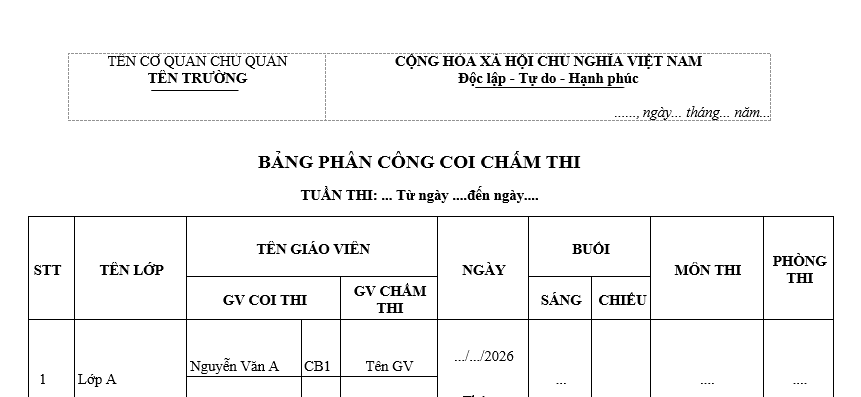 Mẫu Bảng phân công coi thi và chấm thi cuối học kỳ 2 năm học 2025 - 2026 mới nhất? Tải về ở đâu?