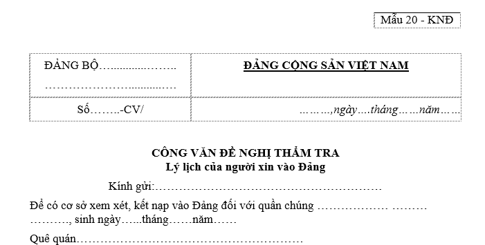 Mẫu công văn đề nghị thẩm tra lý lịch của người xin vào đảng đối với học sinh, sinh viên