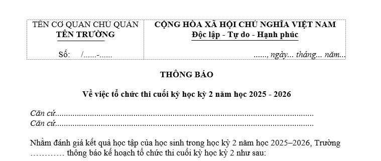 Mẫu Thông báo về việc tổ chức thi cuối kỳ học kỳ 2 năm học 2025-2026 mới nhất là mẫu nào? Tải về?