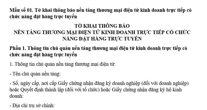 Mẫu Tờ khai thông báo của nền tảng thương mại điện tử kinh doanh trực tiếp có chức năng đặt hàng trực tuyến từ 1/7/2026?