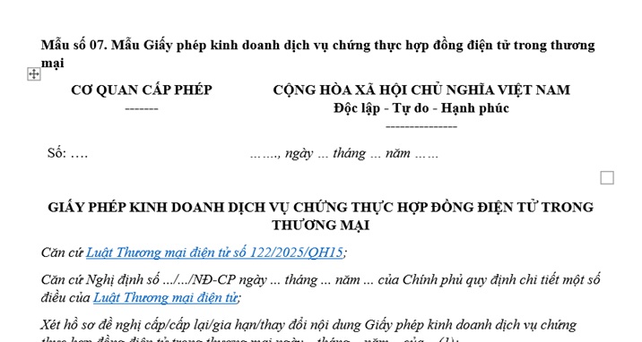 Mẫu Giấy phép kinh doanh dịch vụ chứng thực hợp đồng điện tử trong thương mại theo Nghị định 248?