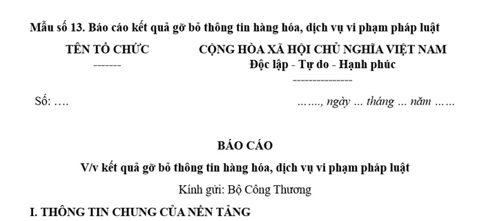 Mẫu Báo cáo kết quả gỡ bỏ thông tin hàng hóa, dịch vụ vi phạm pháp luật trên nền tảng thương mại điện tử từ 1/7/2026?