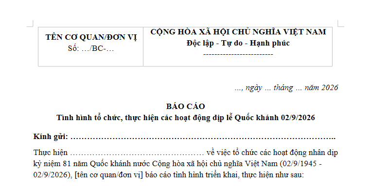 Mẫu Báo cáo dịp lễ Quốc Khánh 2/9/2026 là mẫu nào? Tải về mẫu báo cáo dịp lễ 2/9/2026 ở đâu?