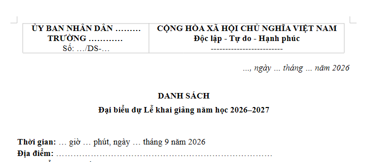 Mẫu Danh sách đại biểu dự Lễ khai giảng năm học 2026–2027 là mẫu nào? Tải về ở đâu?