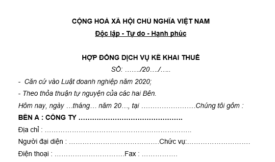 Mẫu hợp đồng dịch vụ kê khai thuế mới nhất là mẫu nào? 