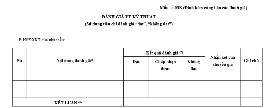 Mẫu đánh giá về kỹ thuật gói thầu dịch vụ phi tư vấn, mua sắm hàng hóa, xây lắp phương thức 1giai đoạn 2 túi hồ sơ?