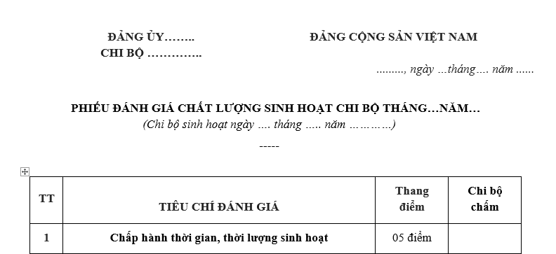 Mẫu Phiếu đánh giá chất lượng sinh hoạt chi bộ hằng tháng năm 2026 mới nhất là mẫu nào? Tải về?